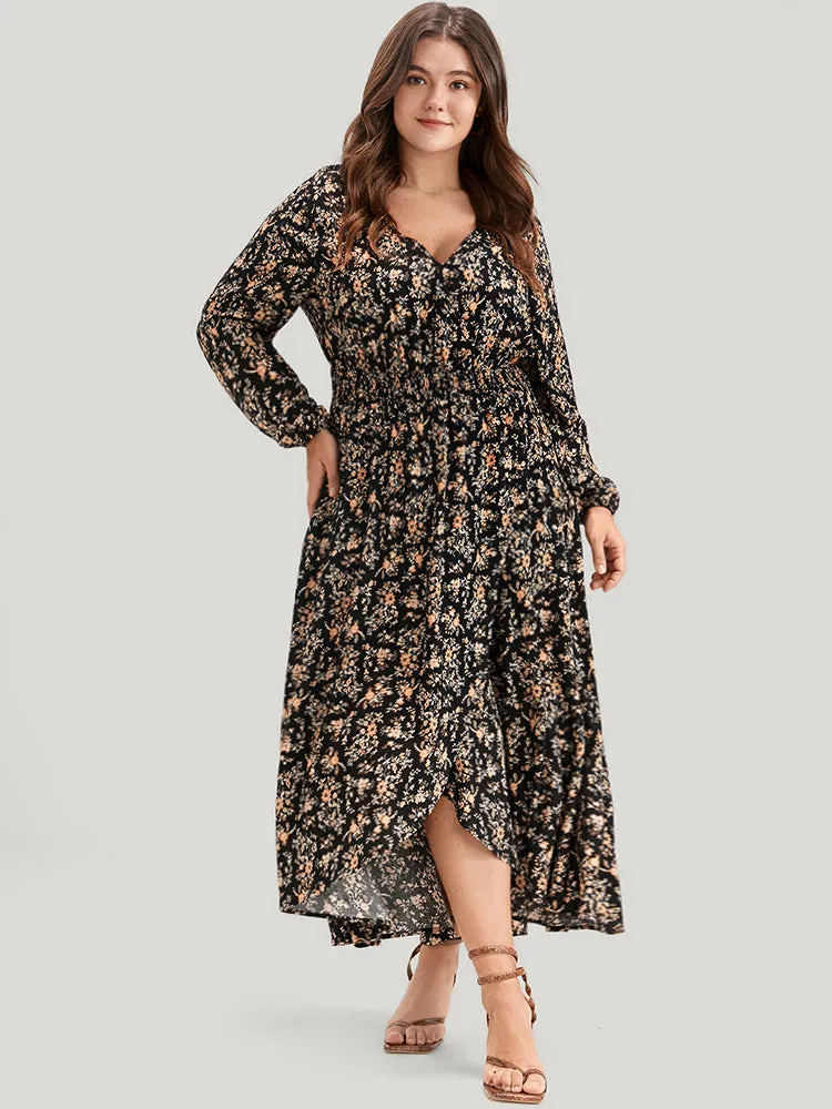 Floral Wrap Lantern Sleeve Pocket Shirred Asymmetrical Hem Dress sold by Bloomchic product image thumbnail 3