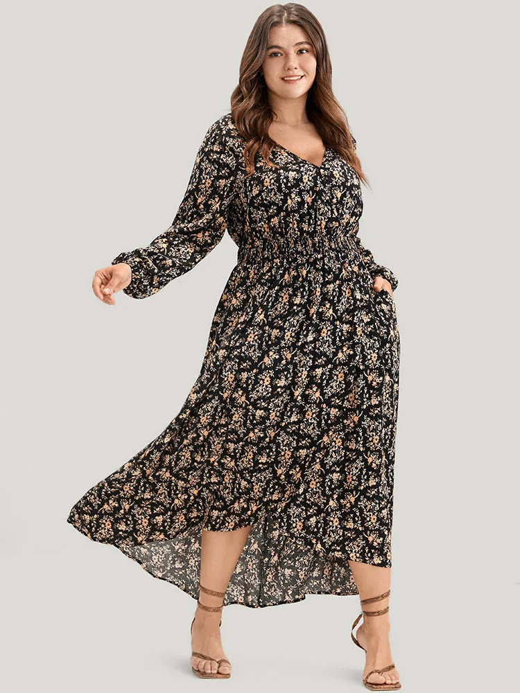 Floral Wrap Lantern Sleeve Pocket Shirred Asymmetrical Hem Dress sold by Bloomchic product image thumbnail 4