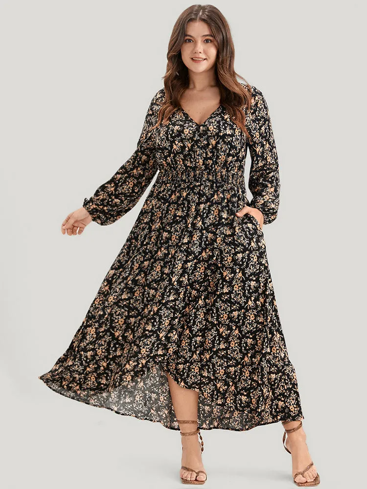 Floral Wrap Lantern Sleeve Pocket Shirred Asymmetrical Hem Dress sold by Bloomchic