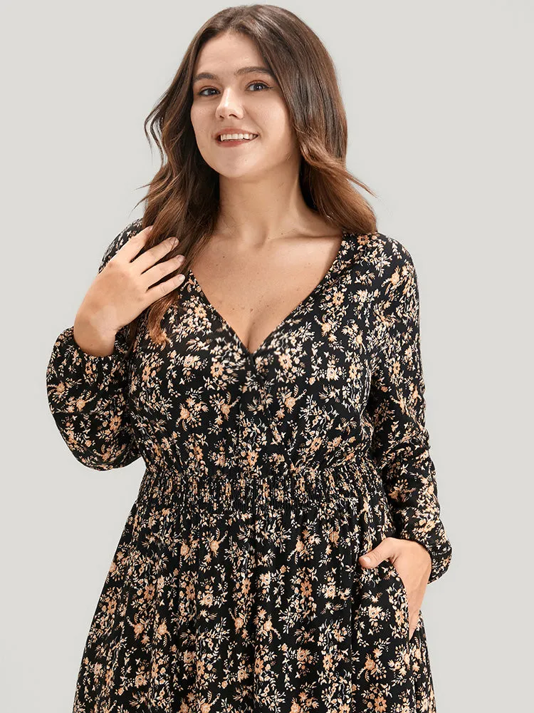 Floral Wrap Lantern Sleeve Pocket Shirred Asymmetrical Hem Dress sold by Bloomchic product image thumbnail 5