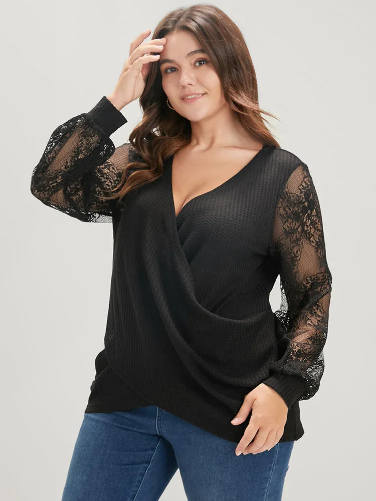Solid Contrast Lace Waffle Knit Wrap Sweatshirt sold by Bloomchic