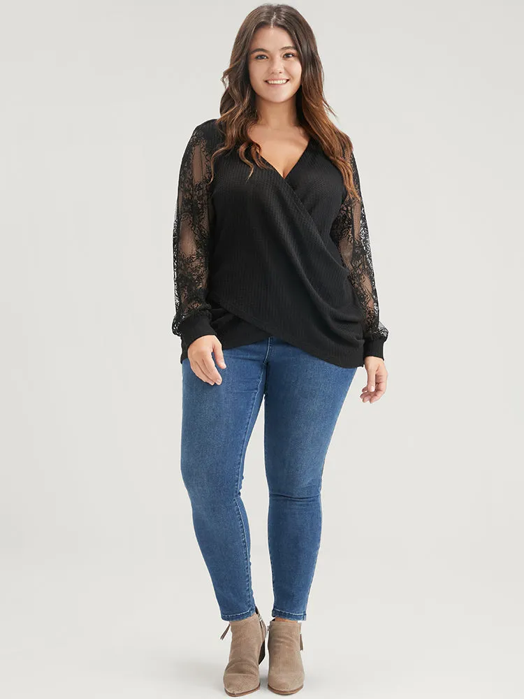 Solid Contrast Lace Waffle Knit Wrap Sweatshirt sold by Bloomchic product image thumbnail 2