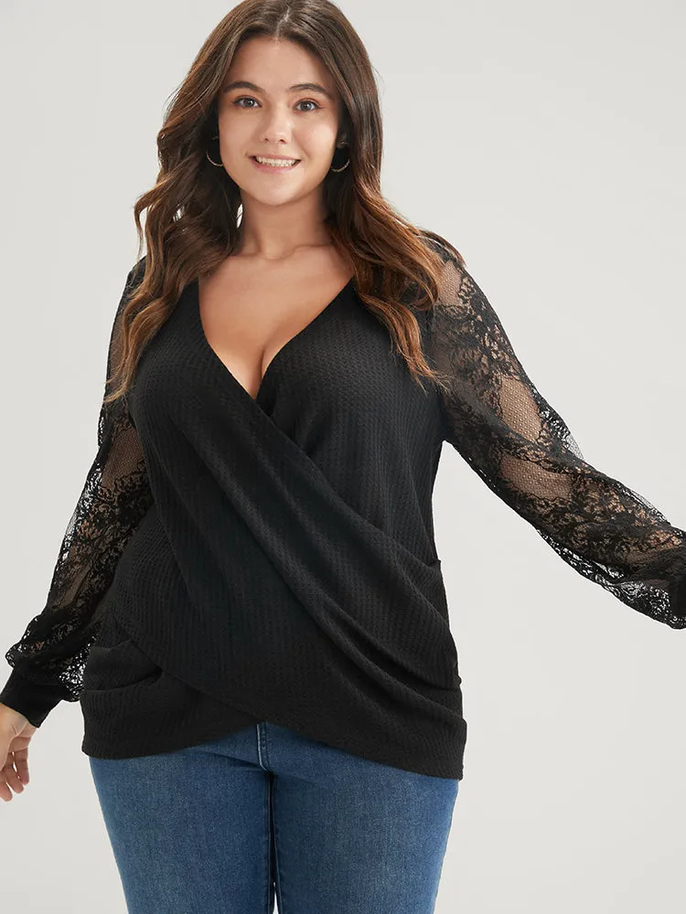 Solid Contrast Lace Waffle Knit Wrap Sweatshirt sold by Bloomchic product image thumbnail 3