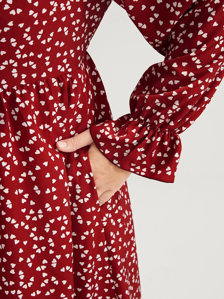 Heart Print Lantern Sleeve Pocket Square Neck Dress sold by Bloomchic product image thumbnail 5