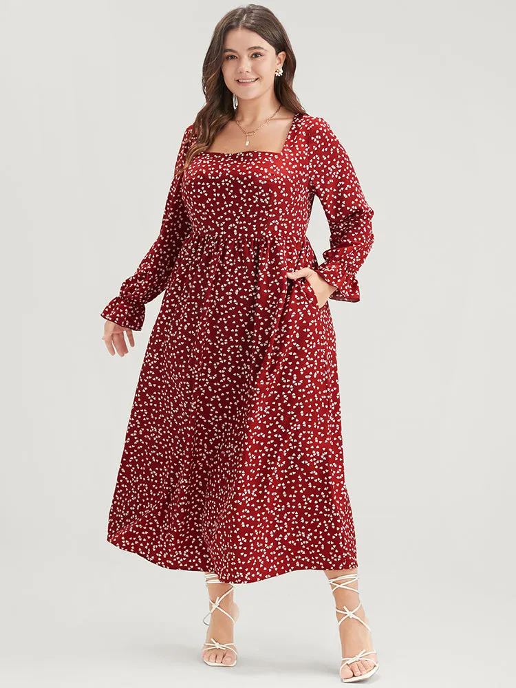 Heart Print Lantern Sleeve Pocket Square Neck Dress sold by Bloomchic