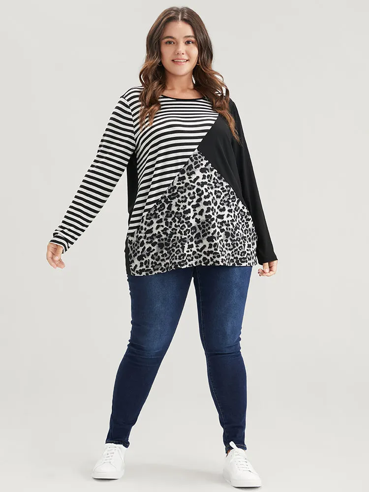 Leopard Striped Contrast Round Neck Long Tee sold by Bloomchic product image thumbnail 2