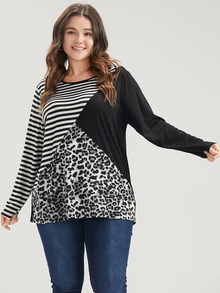 Leopard Striped Contrast Round Neck Long Tee sold by Bloomchic product image thumbnail 4