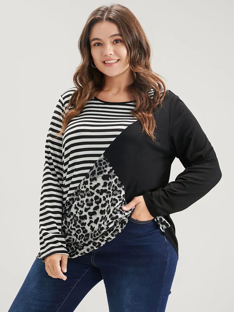 Leopard Striped Contrast Round Neck Long Tee sold by Bloomchic