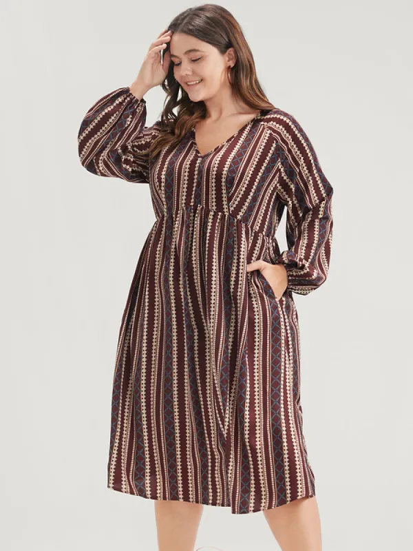 Striped V Neck Lantern Sleeve Pocket Knee Dress sold by Bloomchic