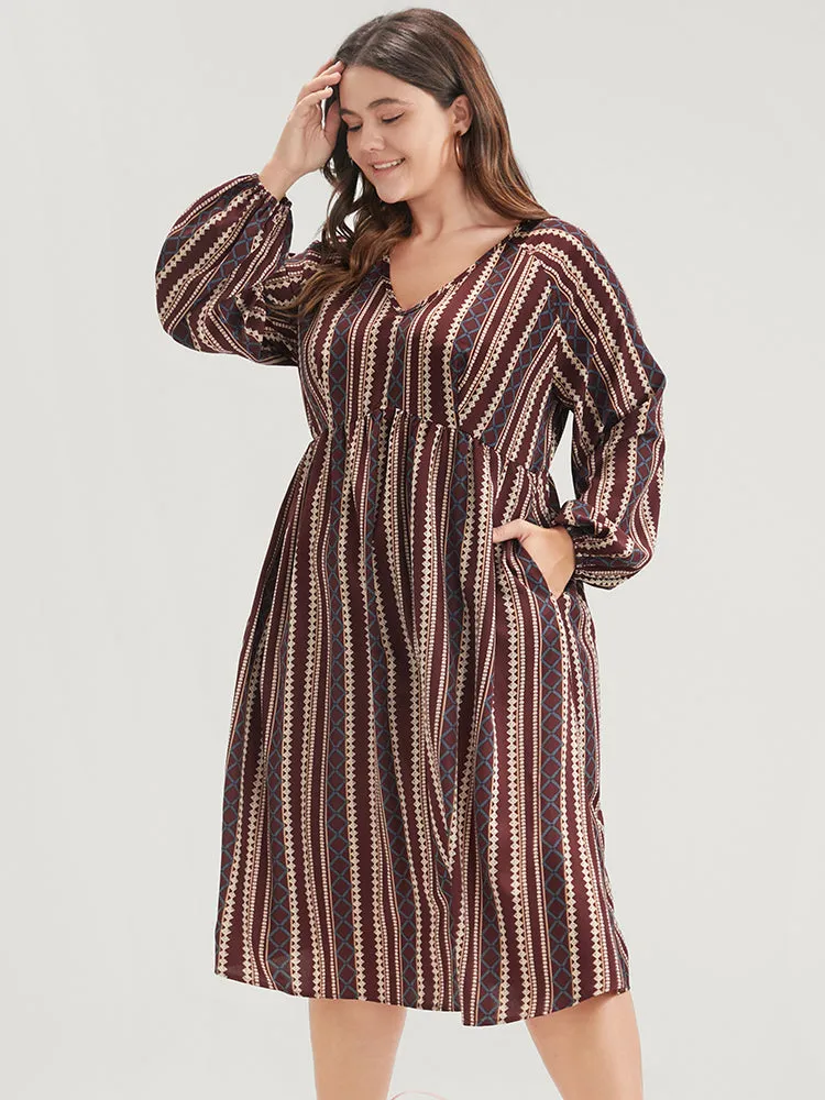 Striped V Neck Lantern Sleeve Pocket Knee Dress sold by Bloomchic