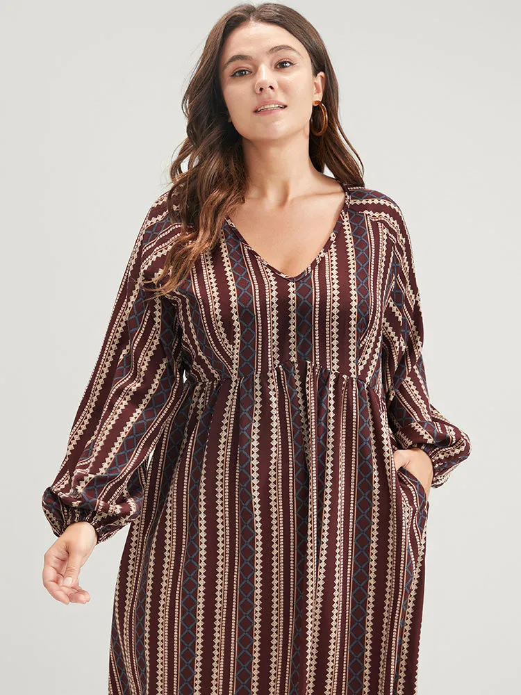 Striped V Neck Lantern Sleeve Pocket Knee Dress sold by Bloomchic product image thumbnail 4