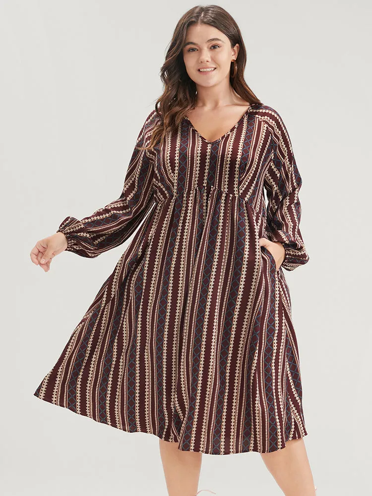 Striped V Neck Lantern Sleeve Pocket Knee Dress sold by Bloomchic product image thumbnail 2