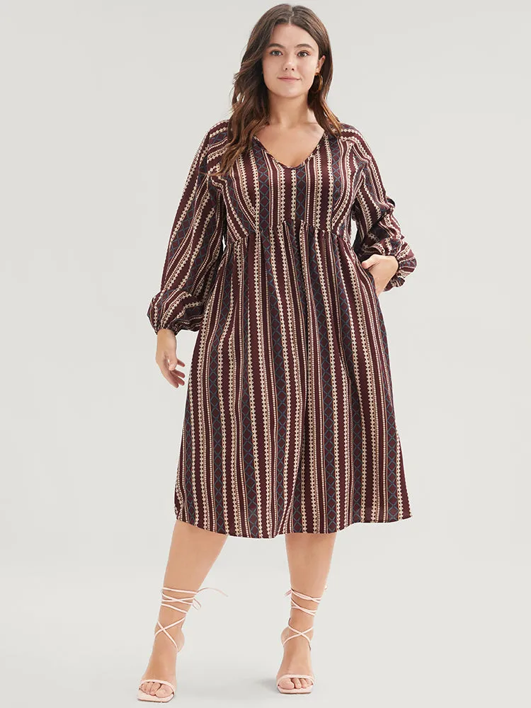 Striped V Neck Lantern Sleeve Pocket Knee Dress sold by Bloomchic product image thumbnail 3