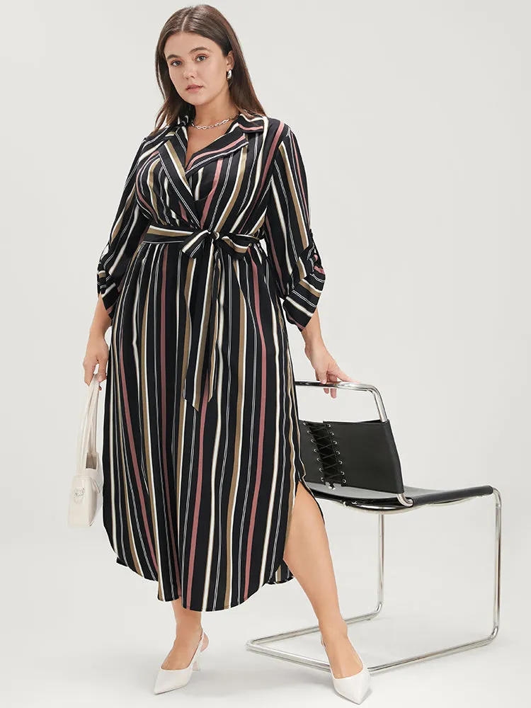 Striped Lapel Collar Cuffed Sleeve Pocket Belted Arc Hem Dress sold by Bloomchic product image thumbnail 4