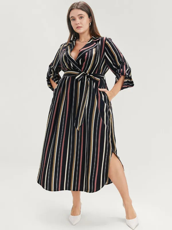 Striped Lapel Collar Cuffed Sleeve Pocket Belted Arc Hem Dress sold by Bloomchic