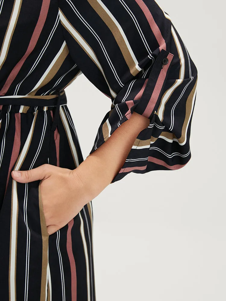 Striped Lapel Collar Cuffed Sleeve Pocket Belted Arc Hem Dress sold by Bloomchic product image thumbnail 5