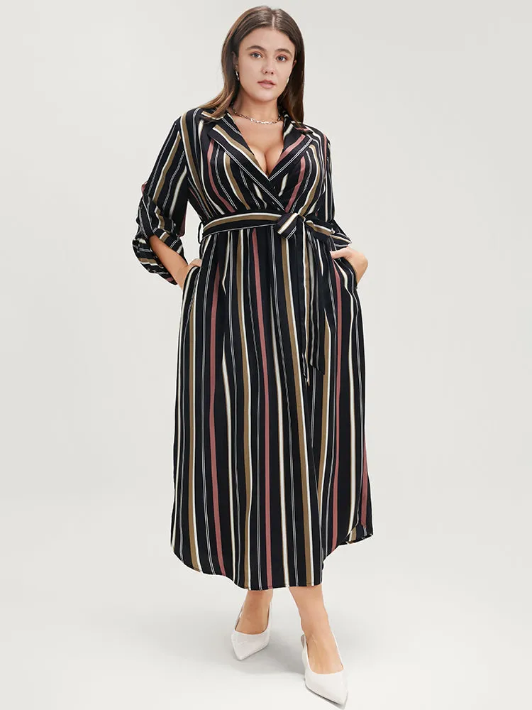 Striped Lapel Collar Cuffed Sleeve Pocket Belted Arc Hem Dress sold by Bloomchic product image thumbnail 2