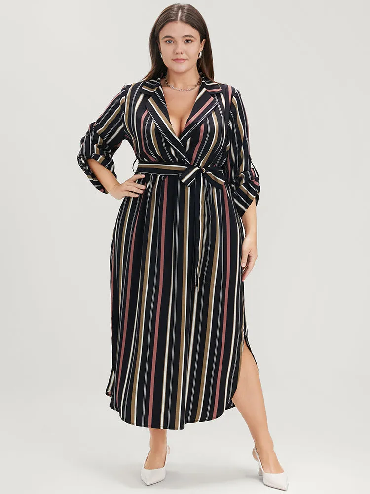 Striped Lapel Collar Cuffed Sleeve Pocket Belted Arc Hem Dress sold by Bloomchic product image thumbnail 3