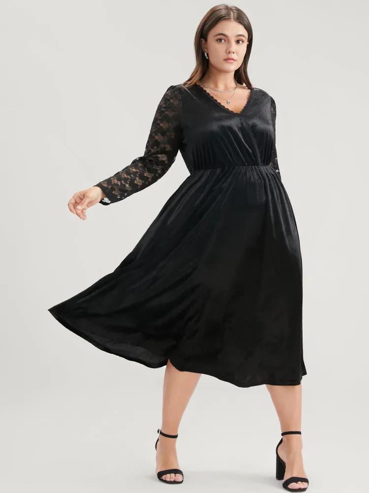 Solid Wrap Contrast Lace Velvet Midi Dress sold by Bloomchic