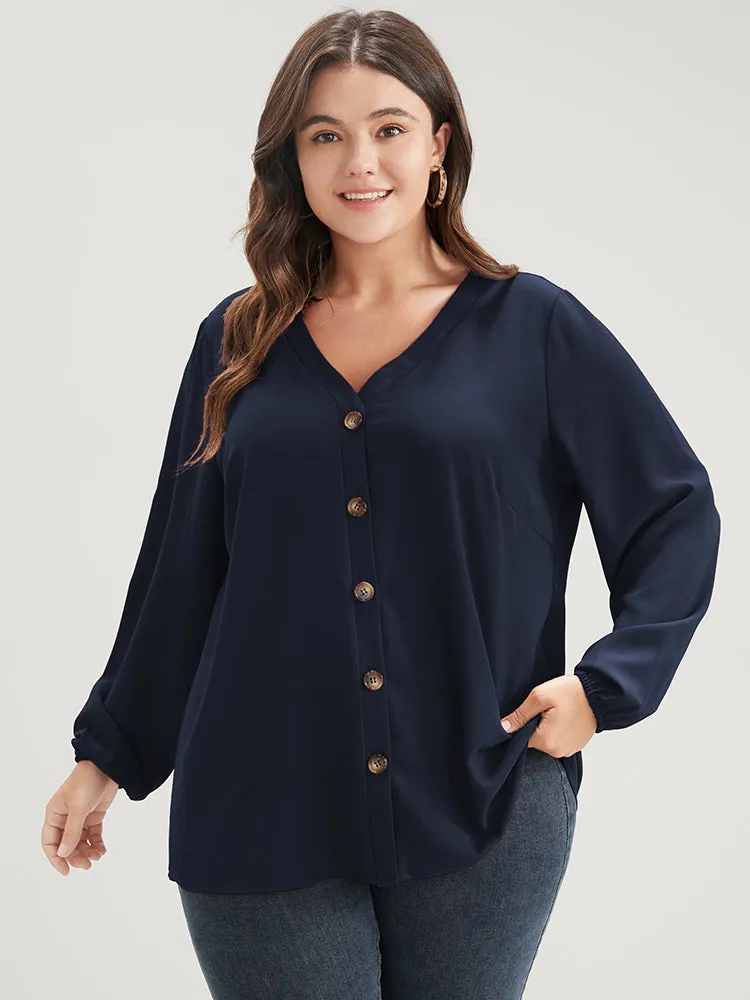 Solid V Neck Lantern Sleeve Button Up Blouse sold by Bloomchic product image thumbnail 5