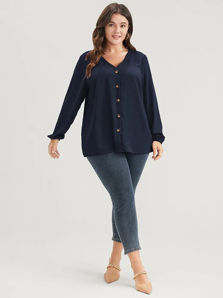 Solid V Neck Lantern Sleeve Button Up Blouse sold by Bloomchic product image thumbnail 4