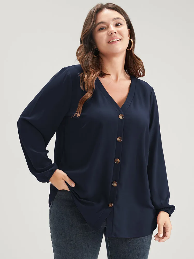 Solid V Neck Lantern Sleeve Button Up Blouse sold by Bloomchic product image thumbnail 3