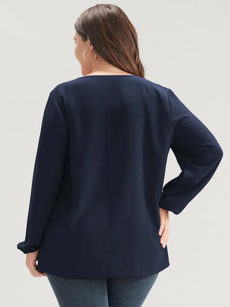 Solid V Neck Lantern Sleeve Button Up Blouse sold by Bloomchic product image thumbnail 2