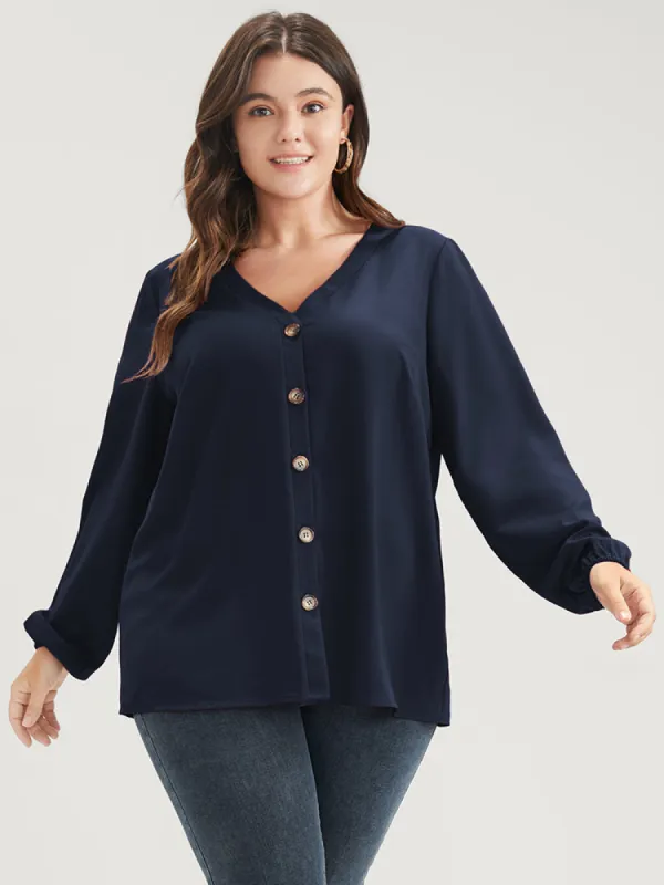 Solid V Neck Lantern Sleeve Button Up Blouse sold by Bloomchic