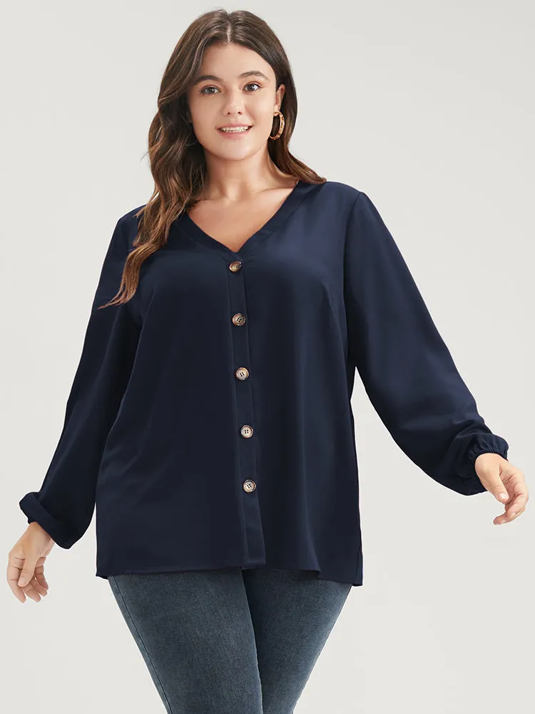 Solid V Neck Lantern Sleeve Button Up Blouse sold by Bloomchic