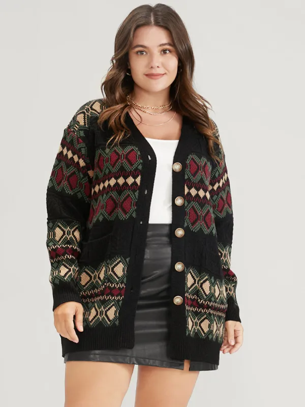 Geometric Contrast Pointelle Knit Pocket Jacquard Button Front Cardigan made by Bloomchic