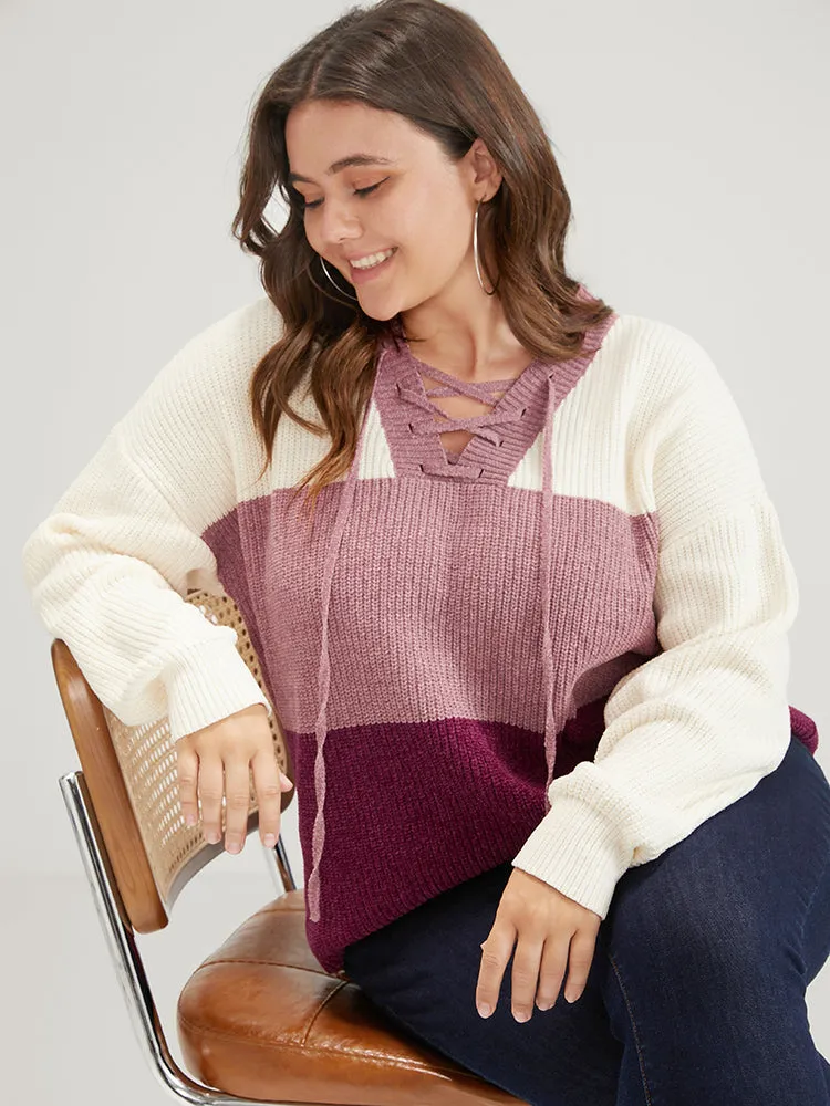 Colorblock Contrast Chenille Knit Lace Up V Neck Knit Top sold by Bloomchic product image thumbnail 4