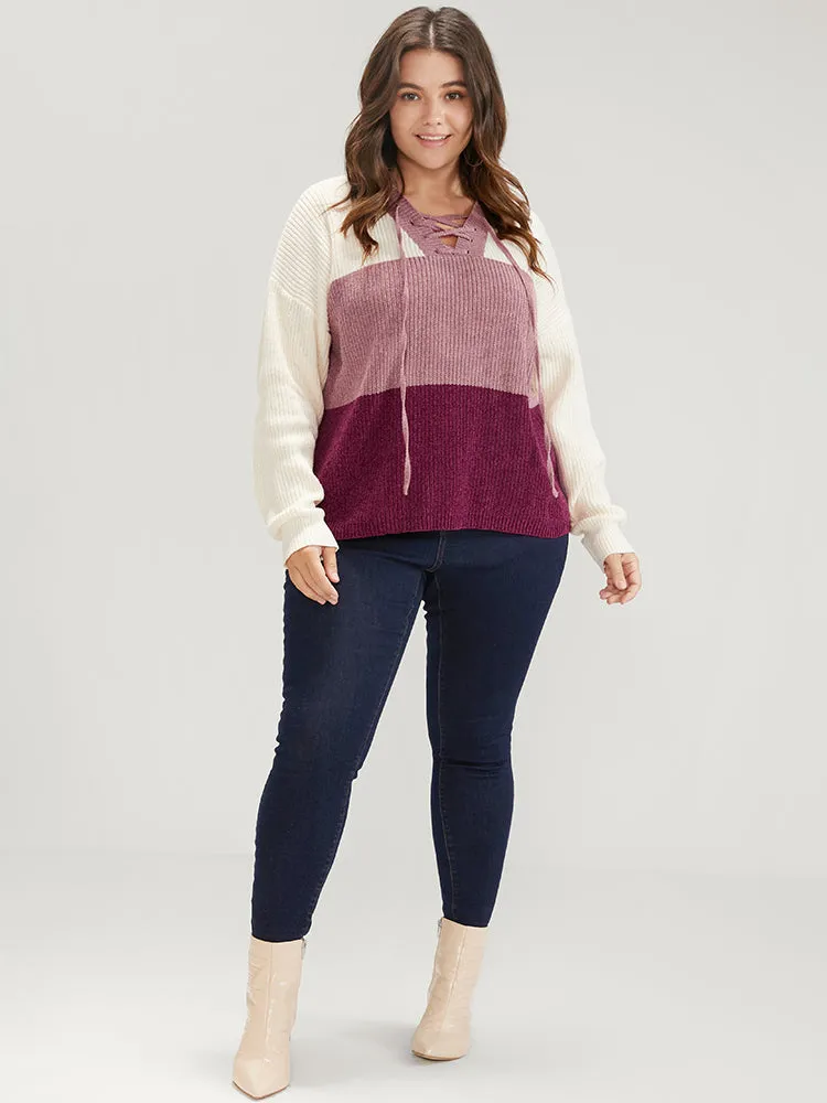 Colorblock Contrast Chenille Knit Lace Up V Neck Knit Top sold by Bloomchic product image thumbnail 5