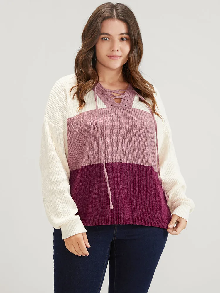 Colorblock Contrast Chenille Knit Lace Up V Neck Knit Top sold by Bloomchic product image thumbnail 3