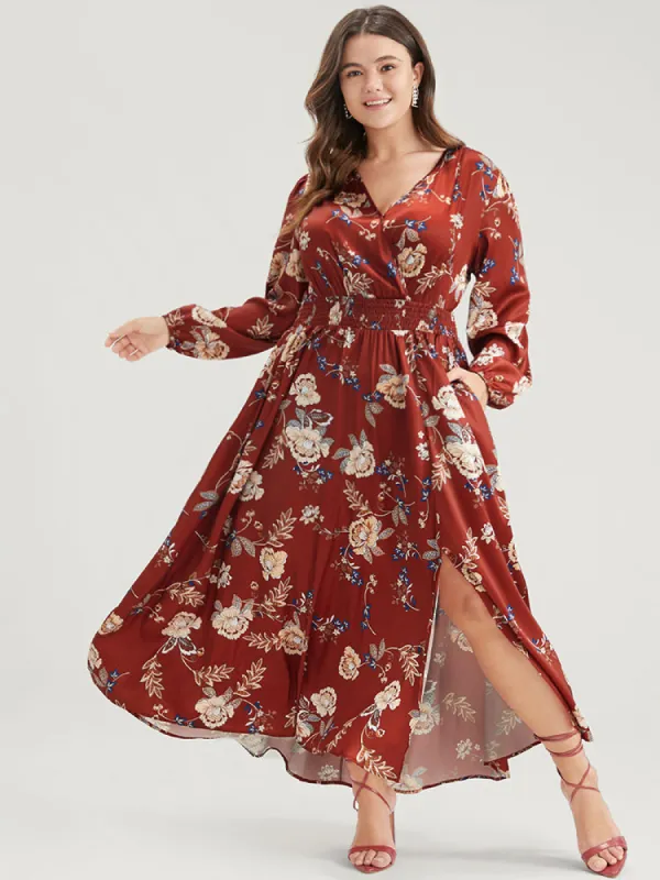 Floral Pocket Lantern Sleeve Split Ruffle Shirred Wrap Dress sold by Bloomchic