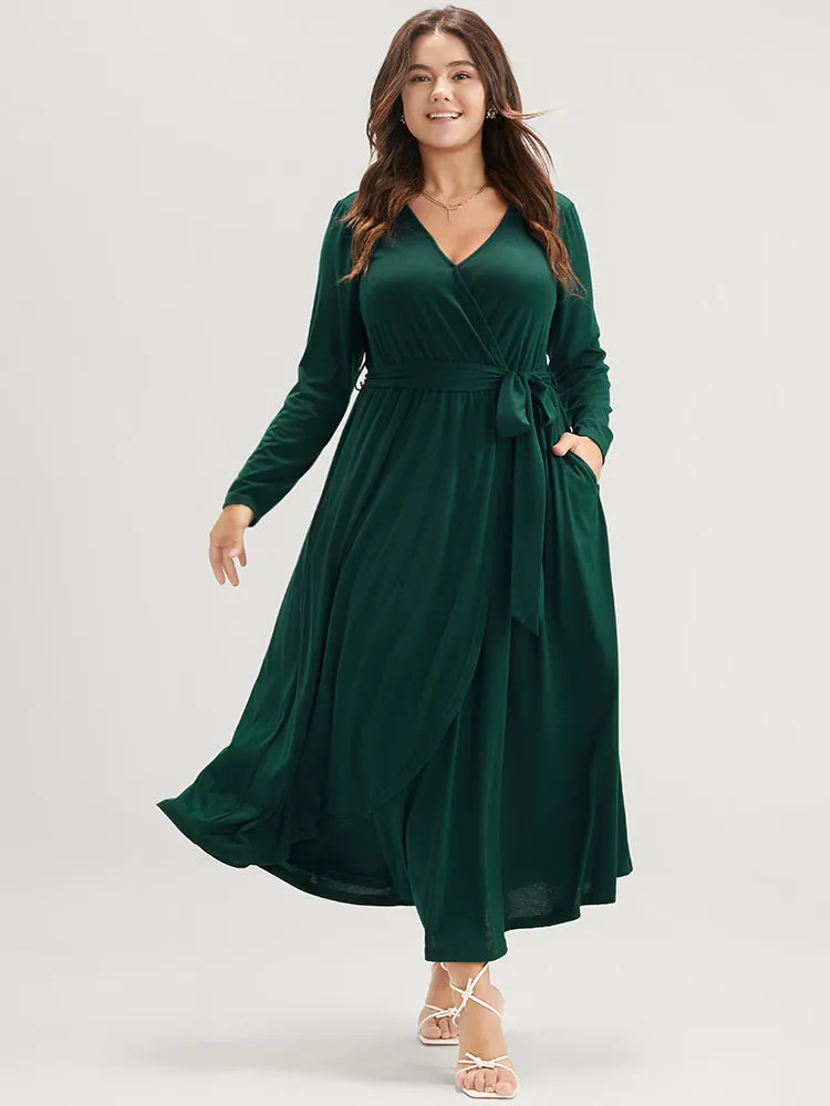 Solid Wrap Pocket Belted Asymmetrical Hem Dress sold by Bloomchic product image thumbnail 3