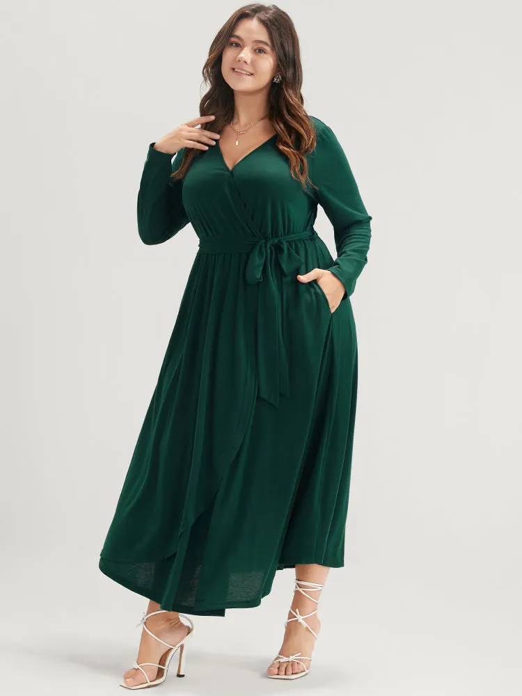 Solid Wrap Pocket Belted Asymmetrical Hem Dress sold by Bloomchic product image thumbnail 4