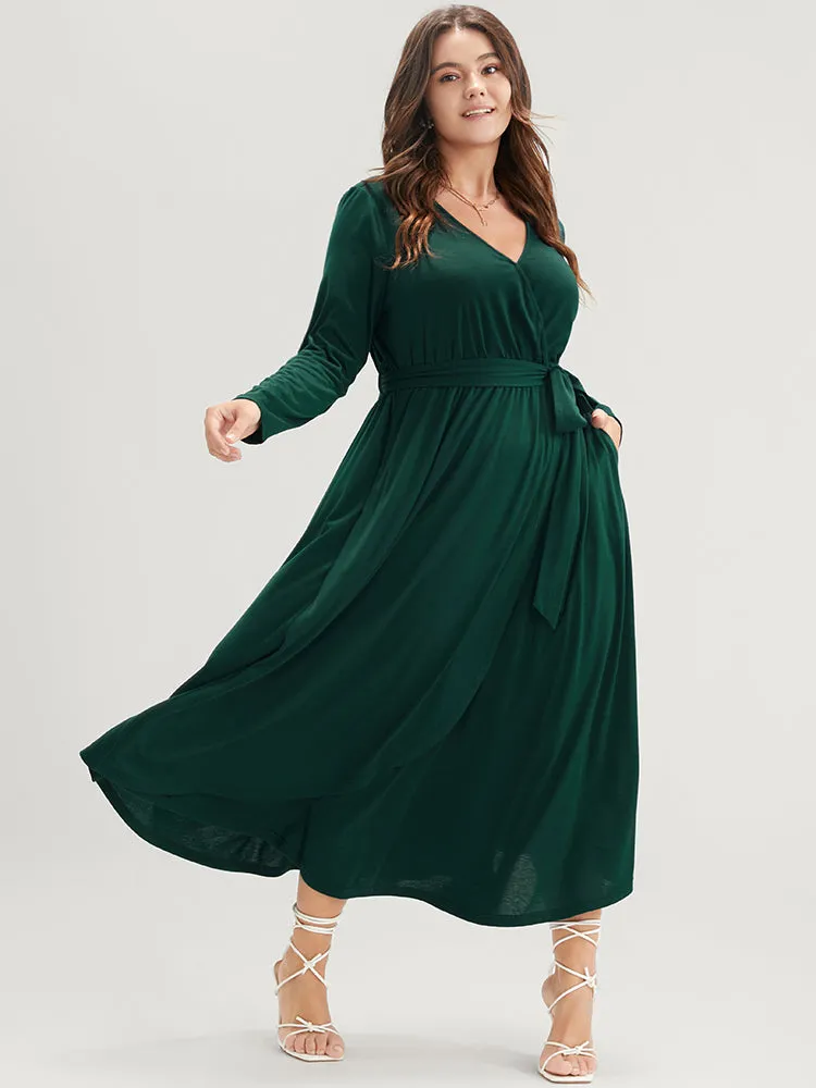 Solid Wrap Pocket Belted Asymmetrical Hem Dress sold by Bloomchic product image thumbnail 5