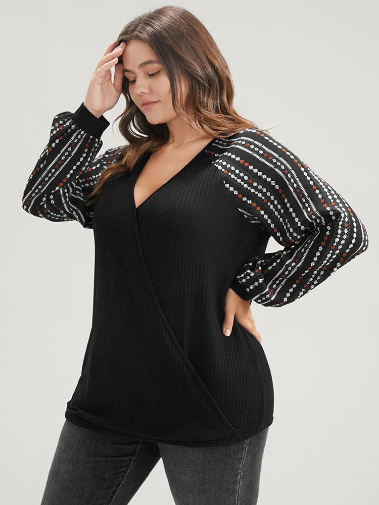 Solid Patchwork Striped Lantern Sleeve Waffle Knit Wrap Sweatshirt sold by Bloomchic product image thumbnail 3