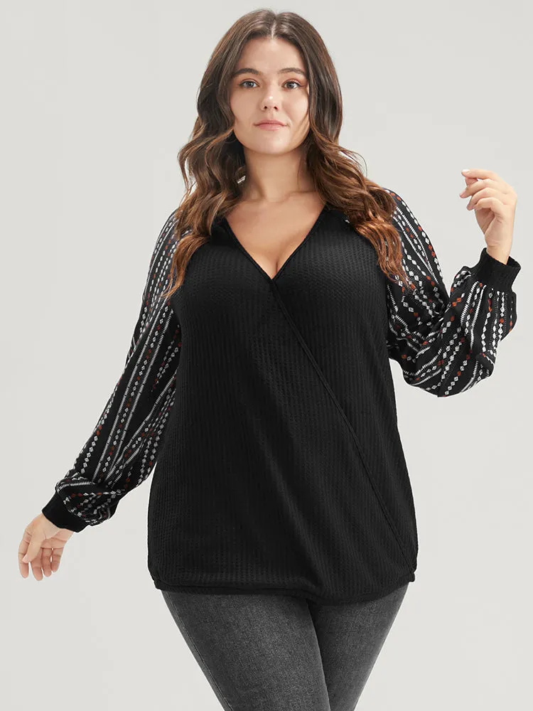 Solid Patchwork Striped Lantern Sleeve Waffle Knit Wrap Sweatshirt sold by Bloomchic product image thumbnail 4