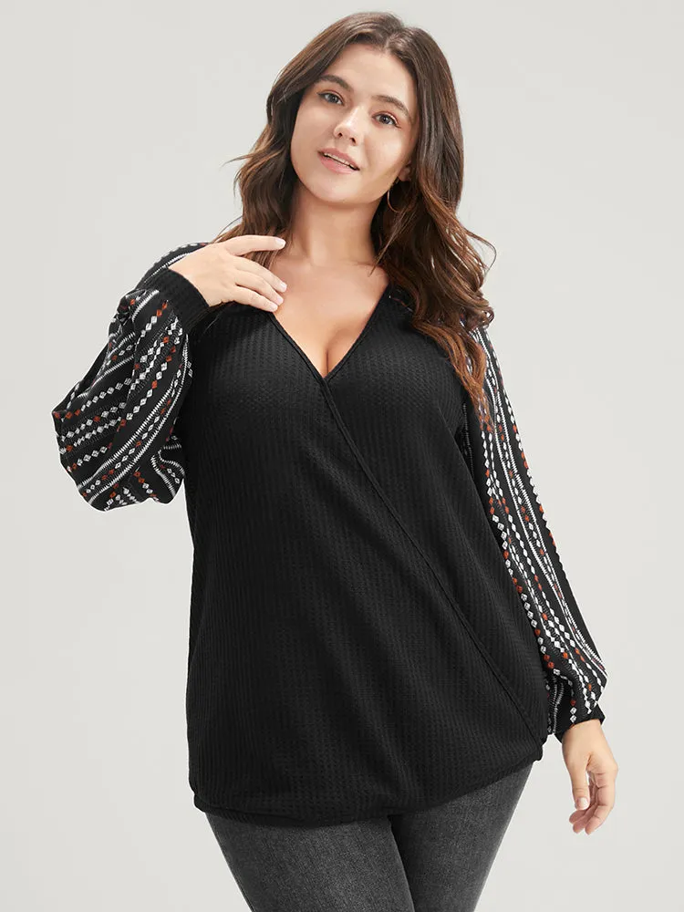 Solid Patchwork Striped Lantern Sleeve Waffle Knit Wrap Sweatshirt sold by Bloomchic