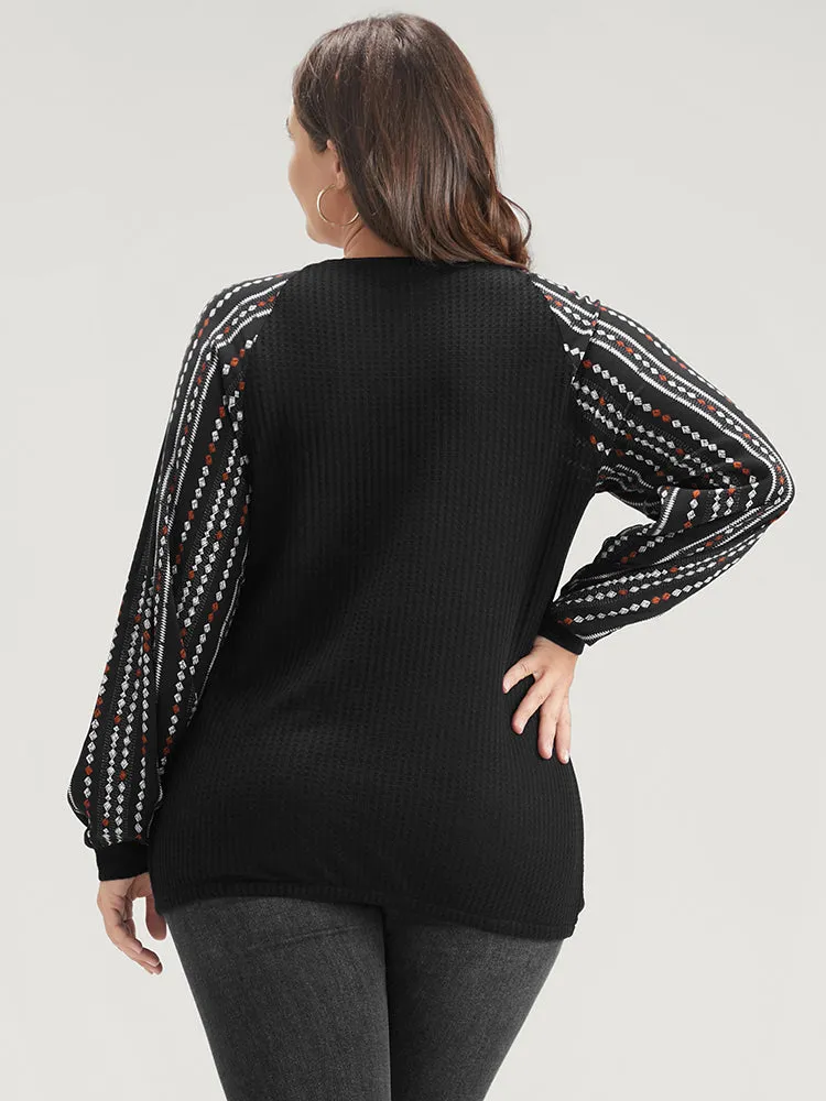 Solid Patchwork Striped Lantern Sleeve Waffle Knit Wrap Sweatshirt sold by Bloomchic product image thumbnail 5