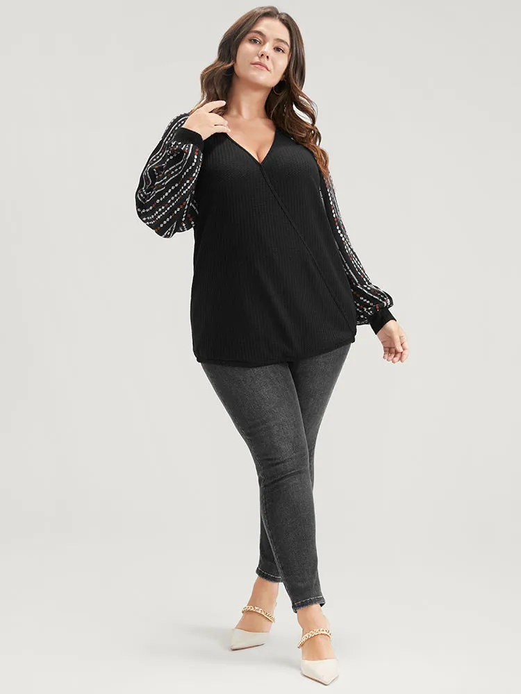 Solid Patchwork Striped Lantern Sleeve Waffle Knit Wrap Sweatshirt sold by Bloomchic product image thumbnail 2