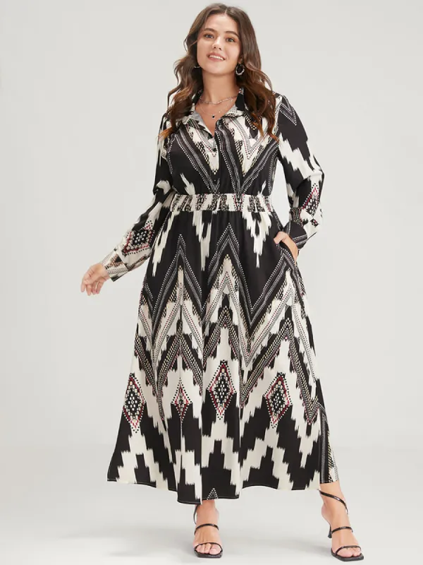 Geometric Shirt Collar Pocket Button Up Shirred Dress sold by Bloomchic