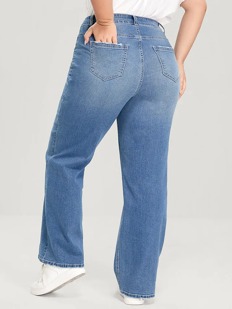 Boyfriend Wide Leg Slightly Stretchy High Rise Medium Wash Jeans sold by Bloomchic
