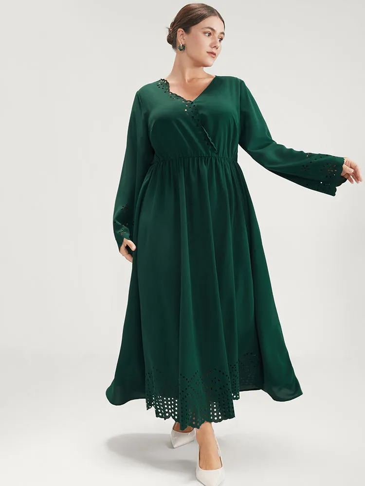 Solid Bell Sleeve Wrap Laser Cut Flutter Hem Maxi Dress sold by Bloomchic product image thumbnail 3