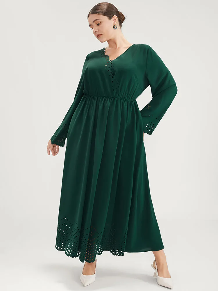 Solid Bell Sleeve Wrap Laser Cut Flutter Hem Maxi Dress sold by Bloomchic product image thumbnail 4