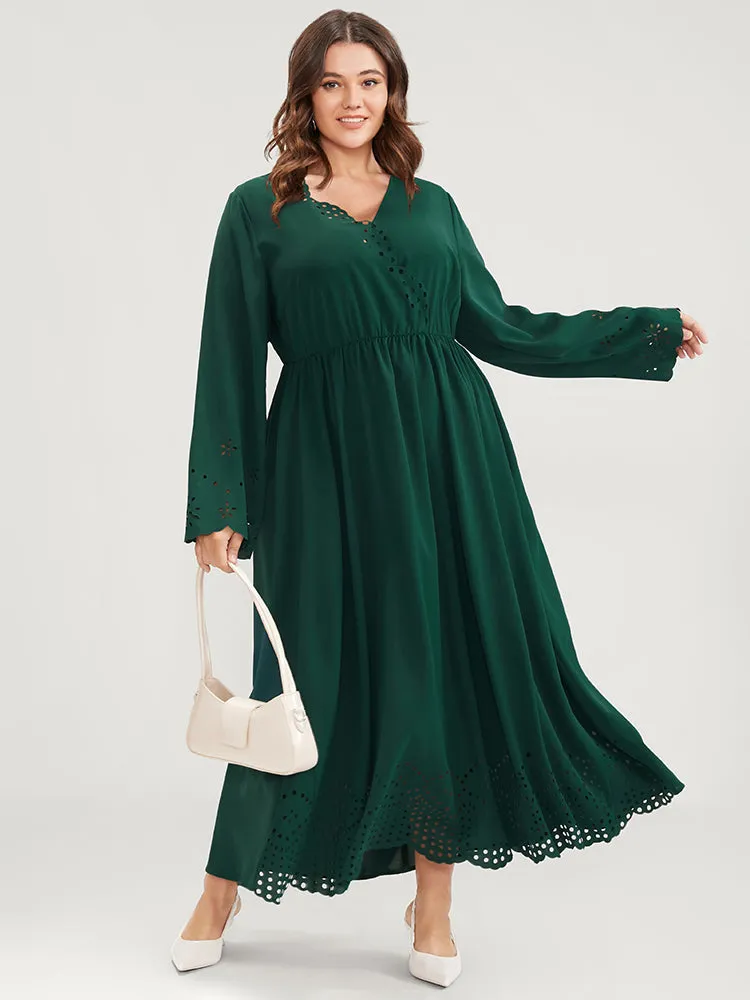 Solid Bell Sleeve Wrap Laser Cut Flutter Hem Maxi Dress sold by Bloomchic