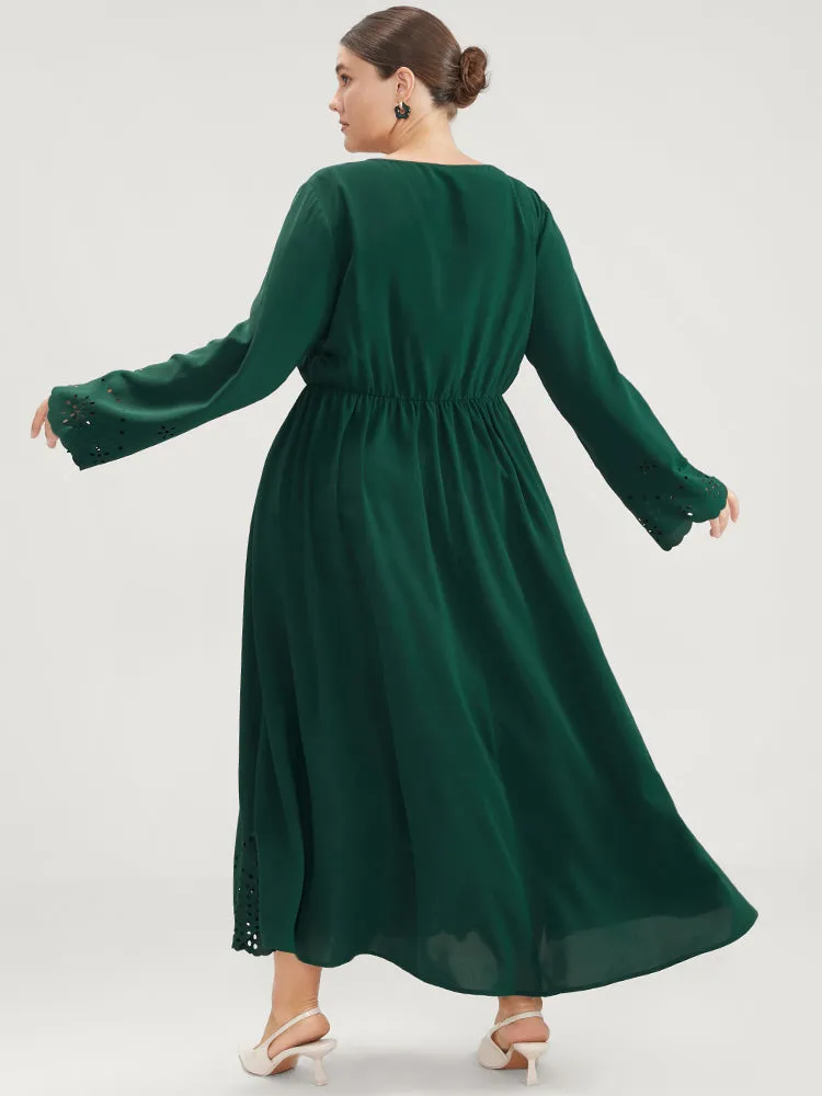 Solid Bell Sleeve Wrap Laser Cut Flutter Hem Maxi Dress sold by Bloomchic product image thumbnail 5