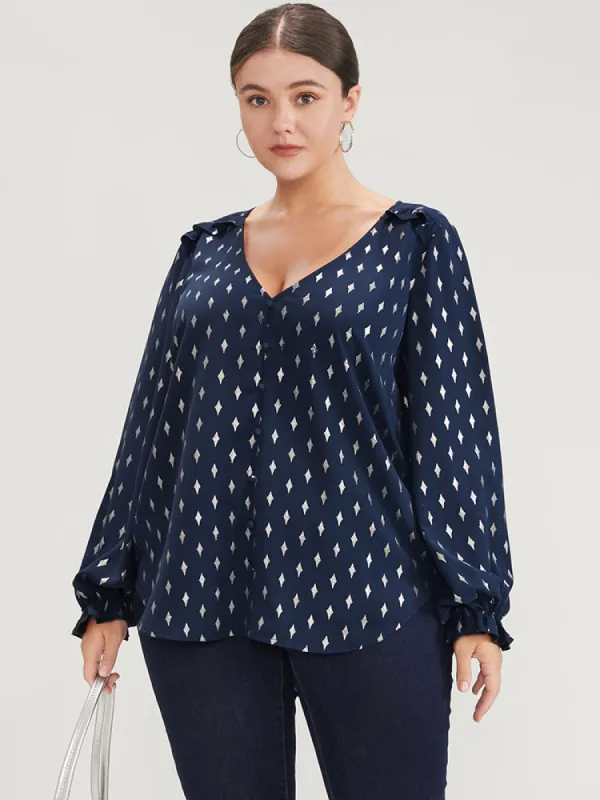 Geometric Print Lantern Sleeve V Neck Blouse sold by Bloomchic