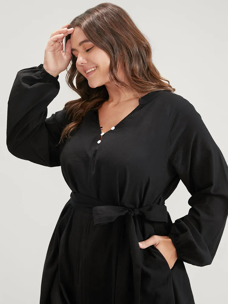 Solid Belted Lantern Sleeve Button Up Pocket Midi Dress sold by Bloomchic product image thumbnail 4